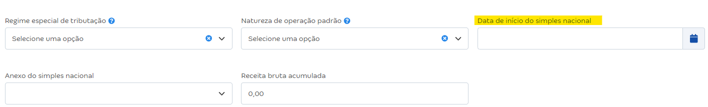Tela de Configurações de notas fiscais com destaque para o campo Data de início do Simples Nacional