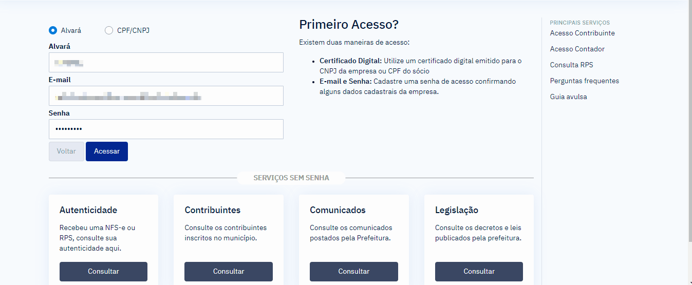 Tela de login no portal da prefeitura no padrão FintelISS.