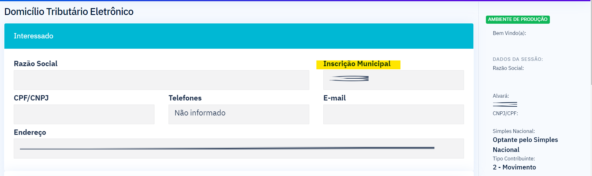 Tela inicial do portal FintelISS com destaque para a Inscrição Municipal no canto superior direito.