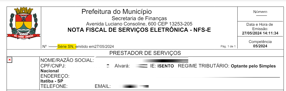 Tela de detalhes da NFS-e com destaque para o campo Série no portal FintelISS.