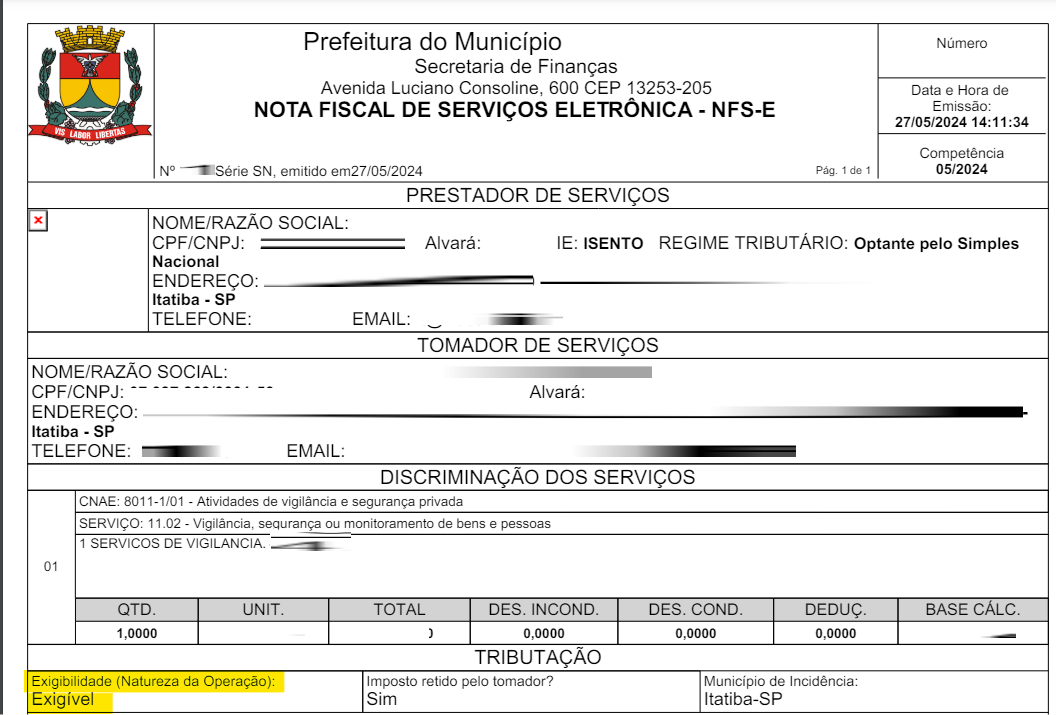 Tela do PDF da NFS-e com destaque para Exigibilidade em TRIBUTAÇÃO no portal FintelISS.