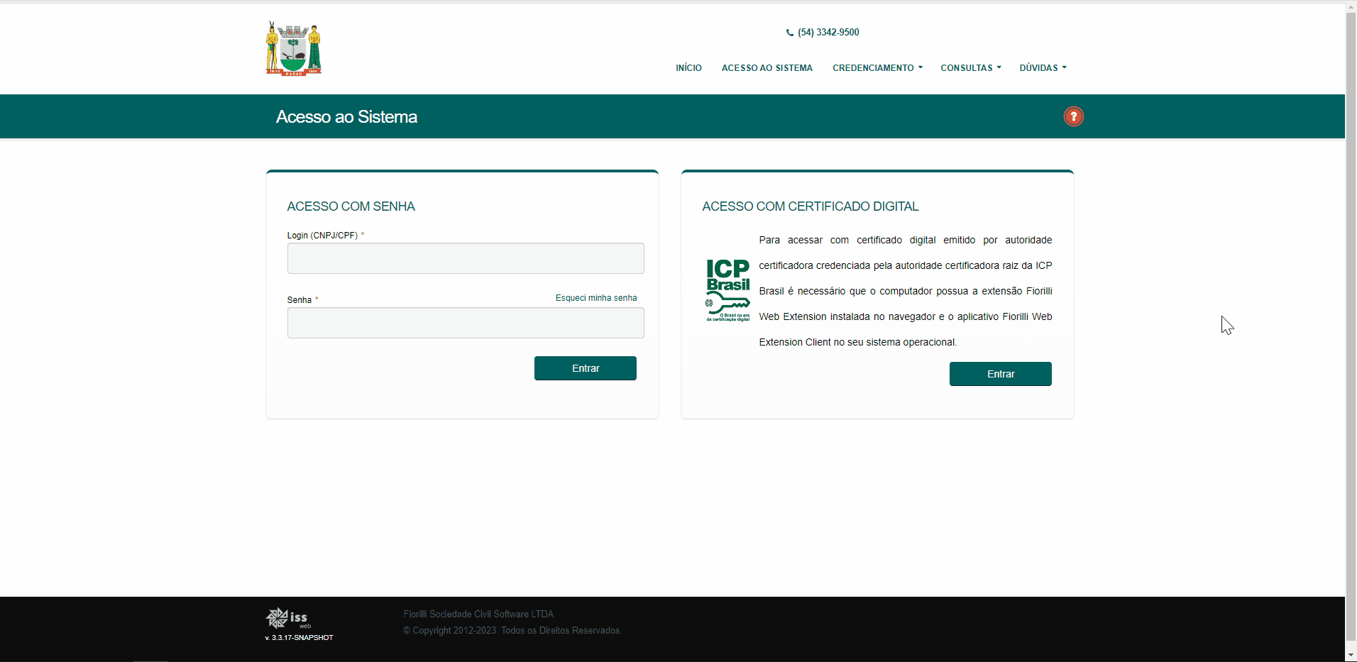 Tela de login no portal da prefeitura no padrão Fiorilli.
