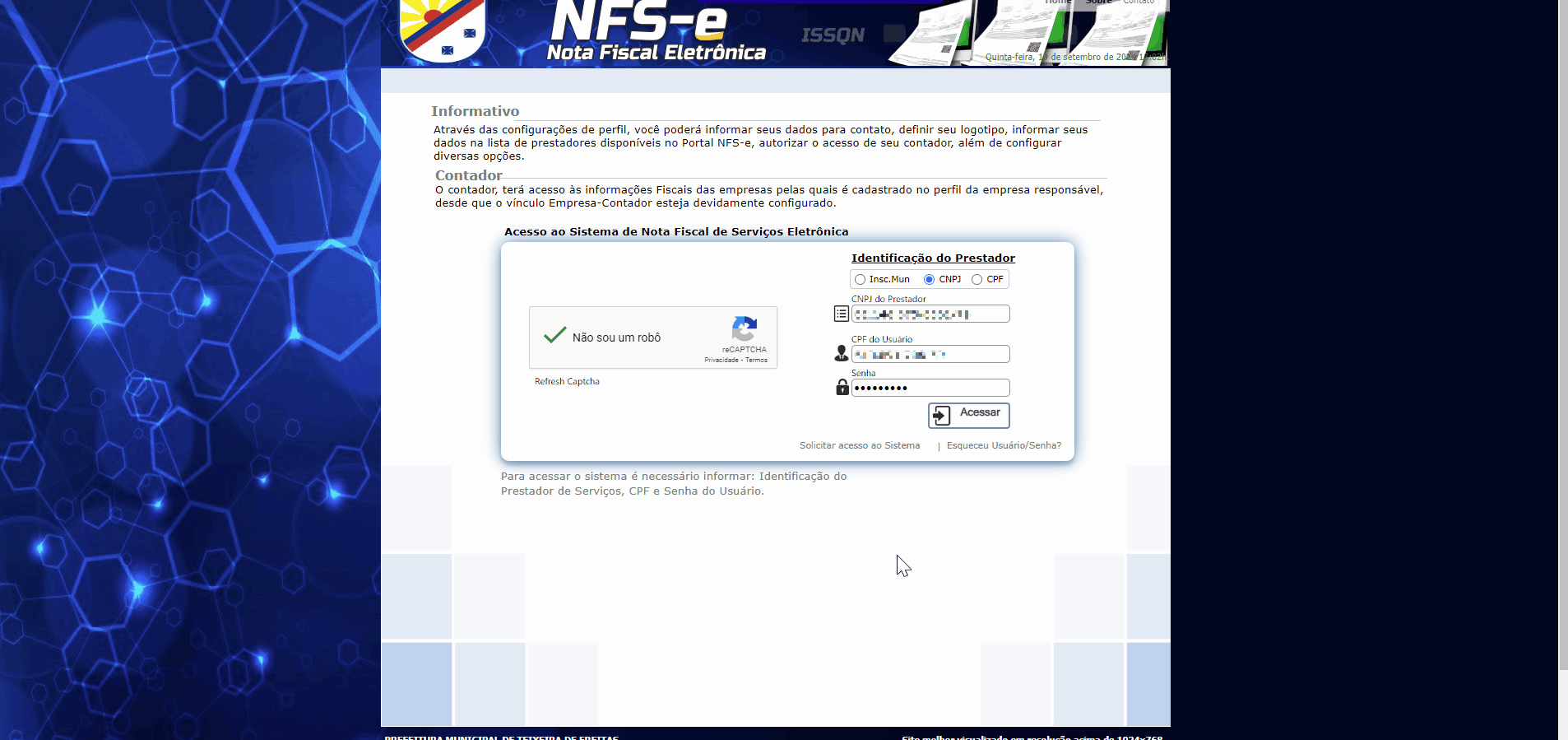 Tela de acesso ao portal da prefeitura no padrão Freire.