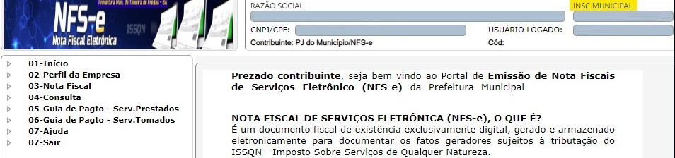 Tela inicial do portal Freire com destaque para o campo INSC. MUNICIPAL.