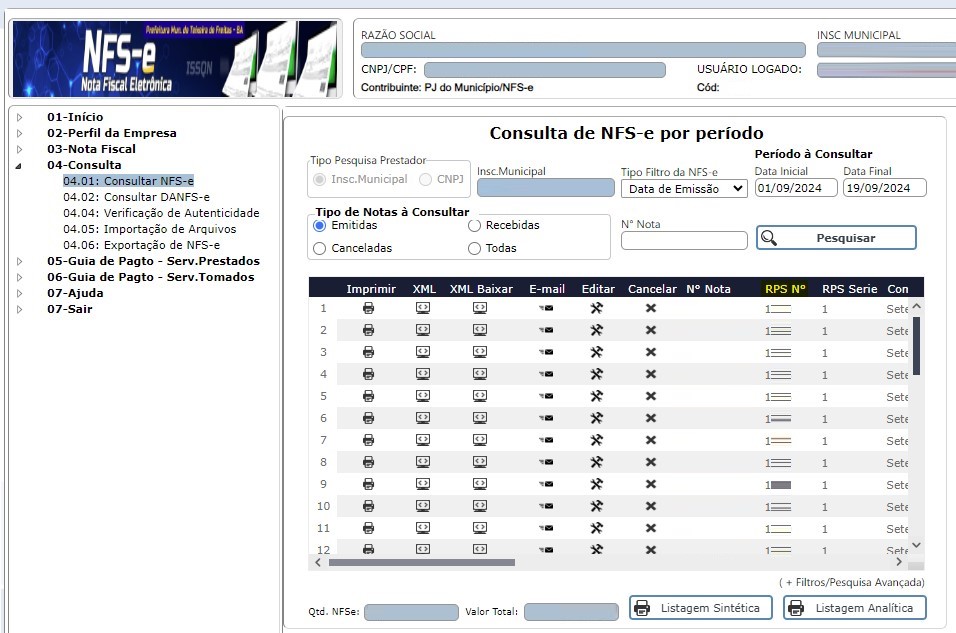 Tela de Consultar NFS-e com destaque para a coluna RPS/DPS Nº no portal Freire.