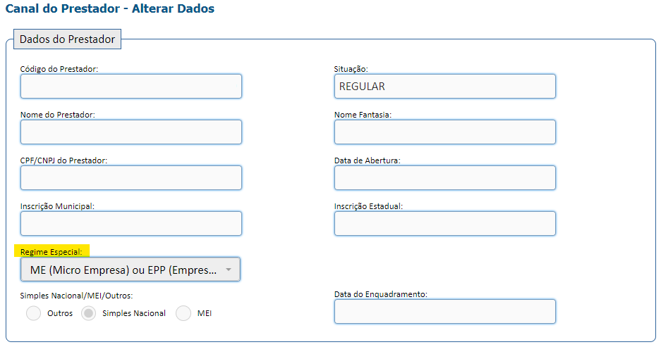 Tela de Meus Dados com destaque para Regime Especial no portal Futurize.