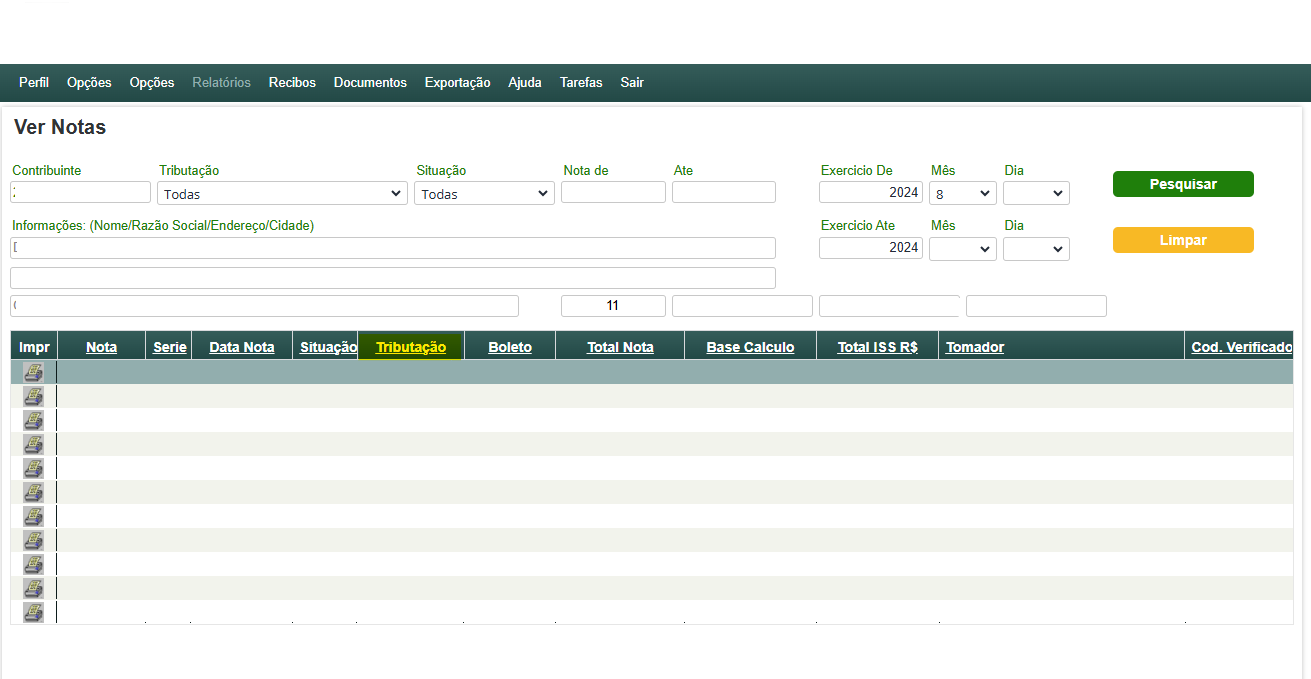 Tela de listagem com destaque para o campo Tributação no portal Gefisco.