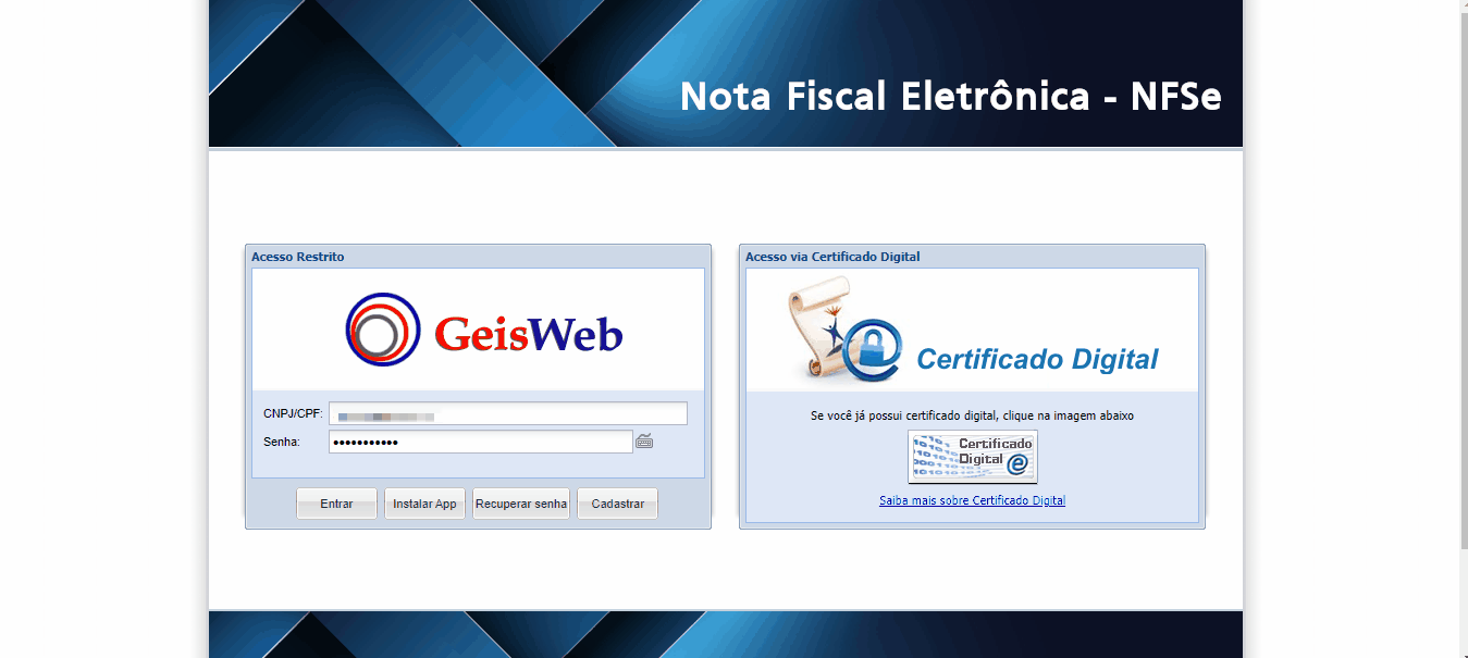 Tela de login no portal da prefeitura no padrão GeisWeb.