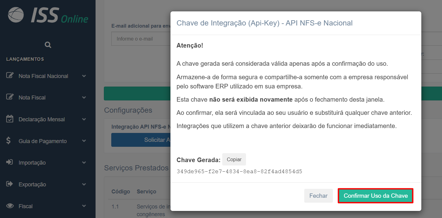 Tela de confirmação de uso da chave Token no portal Gespam.