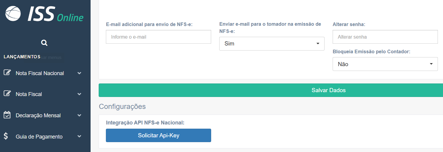 Tela de Integração API NFS-e Nacional com opção Solicitar API-Key no portal Gespam.
