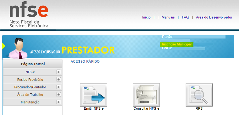 Tela do portal Ginfes com destaque para a Inscrição Municipal no canto superior direito.