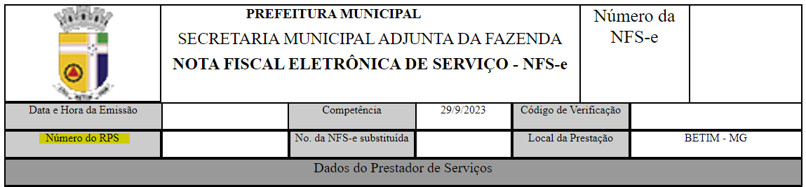 Cabeçalho da NFS-e com destaque para o Número do RPS/DPS no portal Ginfes.