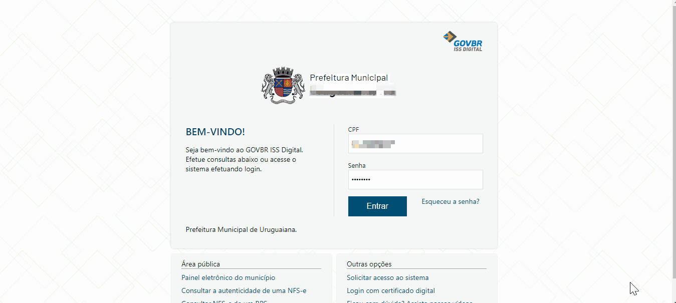 Tela de acesso ao portal da prefeitura no padrão GOVBR ISS Digital.