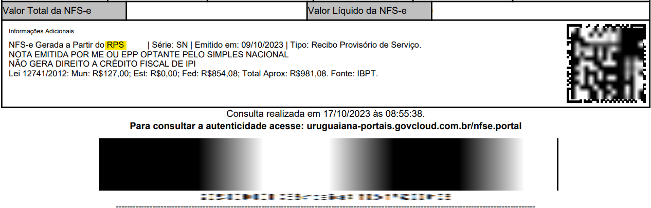 Final do PDF da NFS-e com destaque para o Número do RPS/DPS no portal GOVBR ISS Digital.