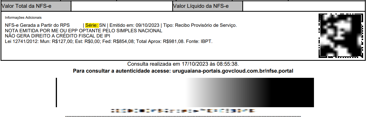 Final do PDF da NFS-e com destaque para a Série no portal GOVBR ISS Digital.