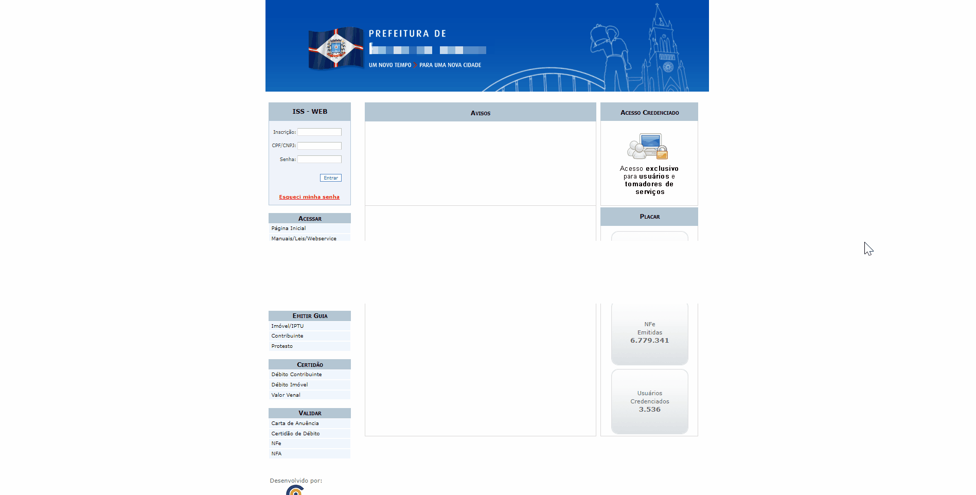 Tela de acesso ao portal da prefeitura no padrão Governa (Publicenter).