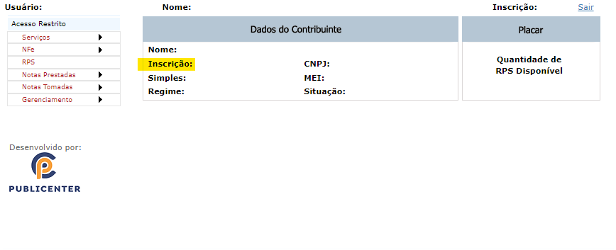 Tela inicial do portal Governa (Publicenter) com destaque para o campo Inscrição.