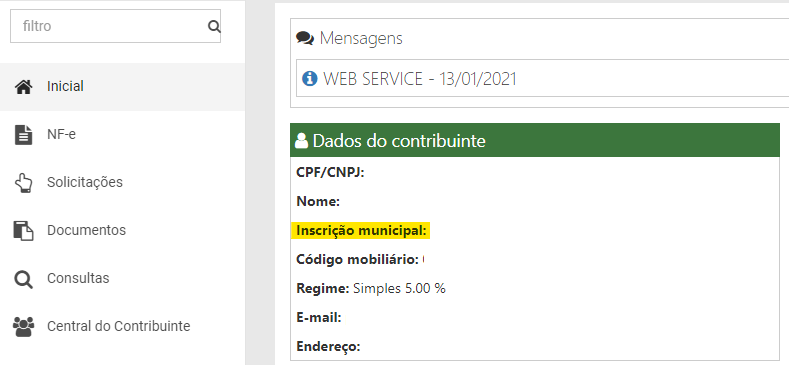 Tela inicial do portal Governo Digital (nfe-cidades) com destaque para a Inscrição Municipal.