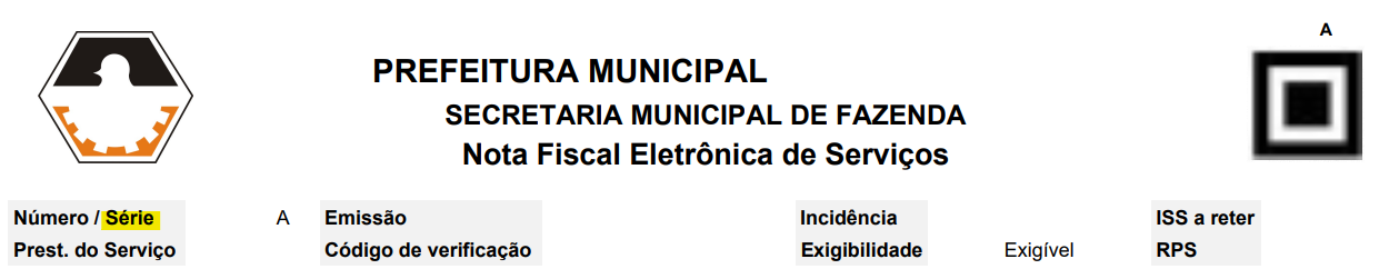 Cabeçalho do PDF da NFS-e com destaque para o campo Série no portal Governo Digital (nfe-cidades).