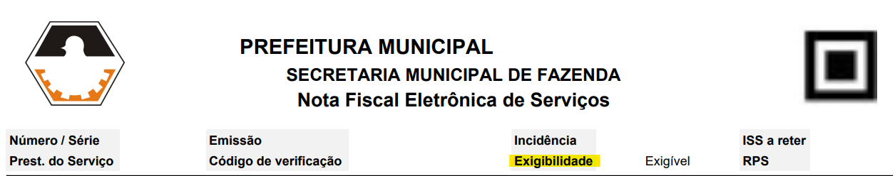 Cabeçalho do PDF da NFS-e com destaque para o campo Exigibilidade no portal Governo Digital (nfe-cidades).