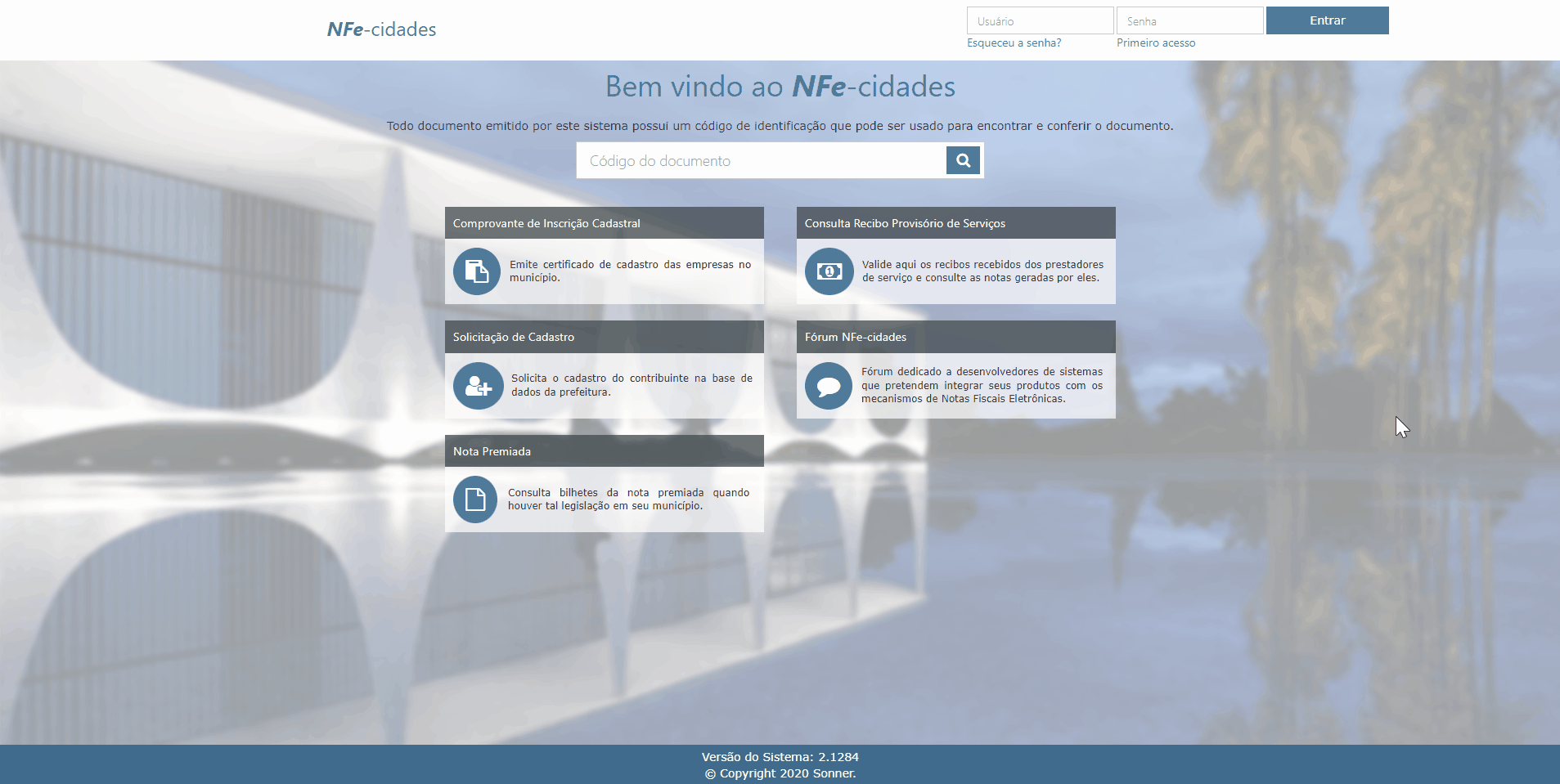Tela de login no portal da prefeitura no padrão Governo Digital (nfe-cidades).
