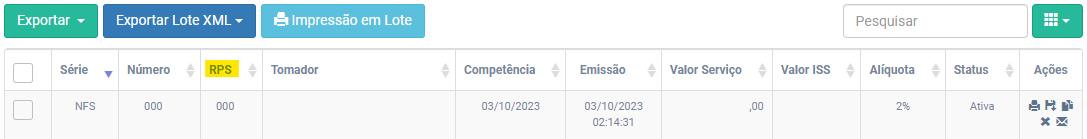 Tela de Gerenciar NFS-e com destaque para a coluna RPS/DPS no portal iiBrasil.