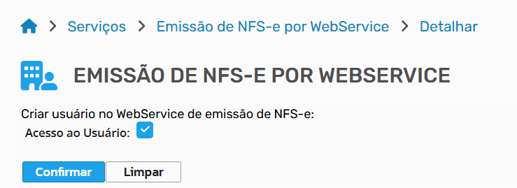 Tela de confirmação de Acesso ao Usuário para emissão de NFS-e por webservice no padrão IPM.