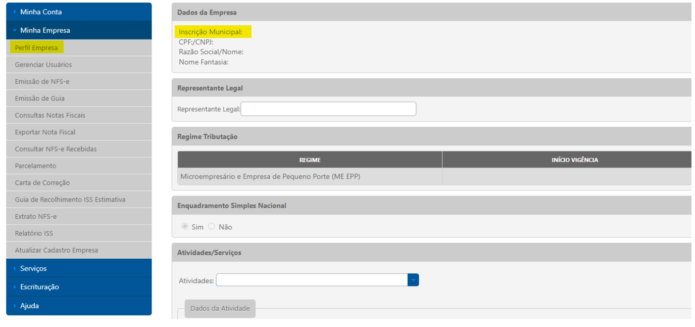 Tela de Perfil Empresa com destaque para a Inscrição Municipal no portal Isaneto.