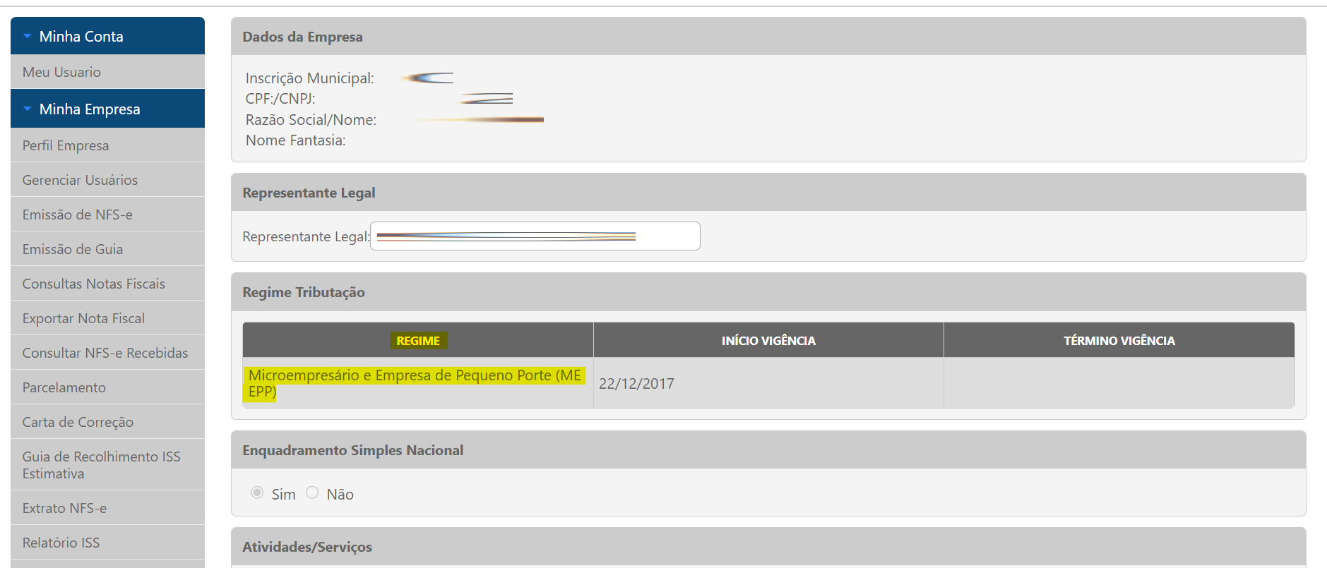 Tela de Perfil Empresa com destaque para o campo REGIME no portal Isaneto.