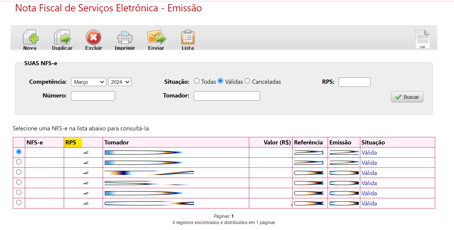 Tela de Emitir Consultar nota fiscal com destaque para a coluna RPS no portal ISISS.