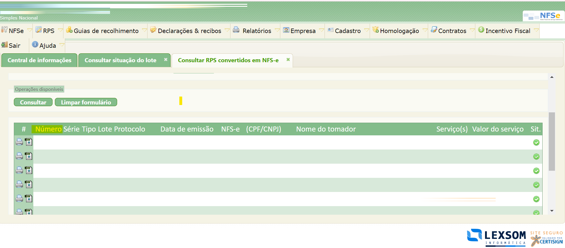 Tela para consulta do Último RPS/DPS utilizado no padrão Lexsom.