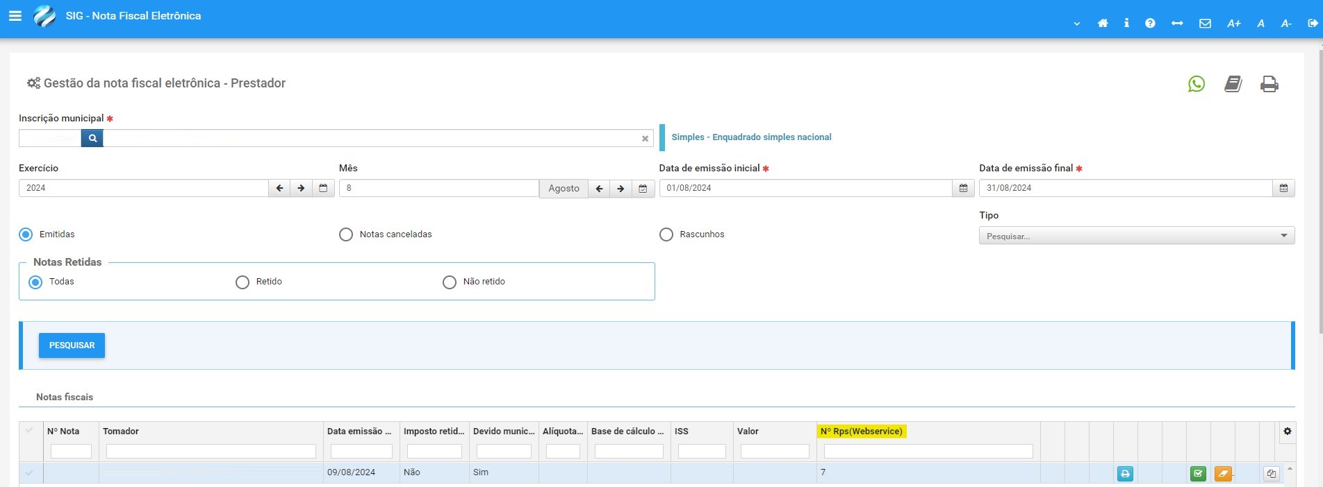 Tela de consulta do Último RPS/DPS utilizado no padrão Prodata.