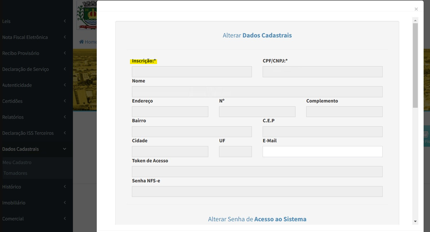 Tela de consulta da Inscrição Municipal no padrão Public Soft.