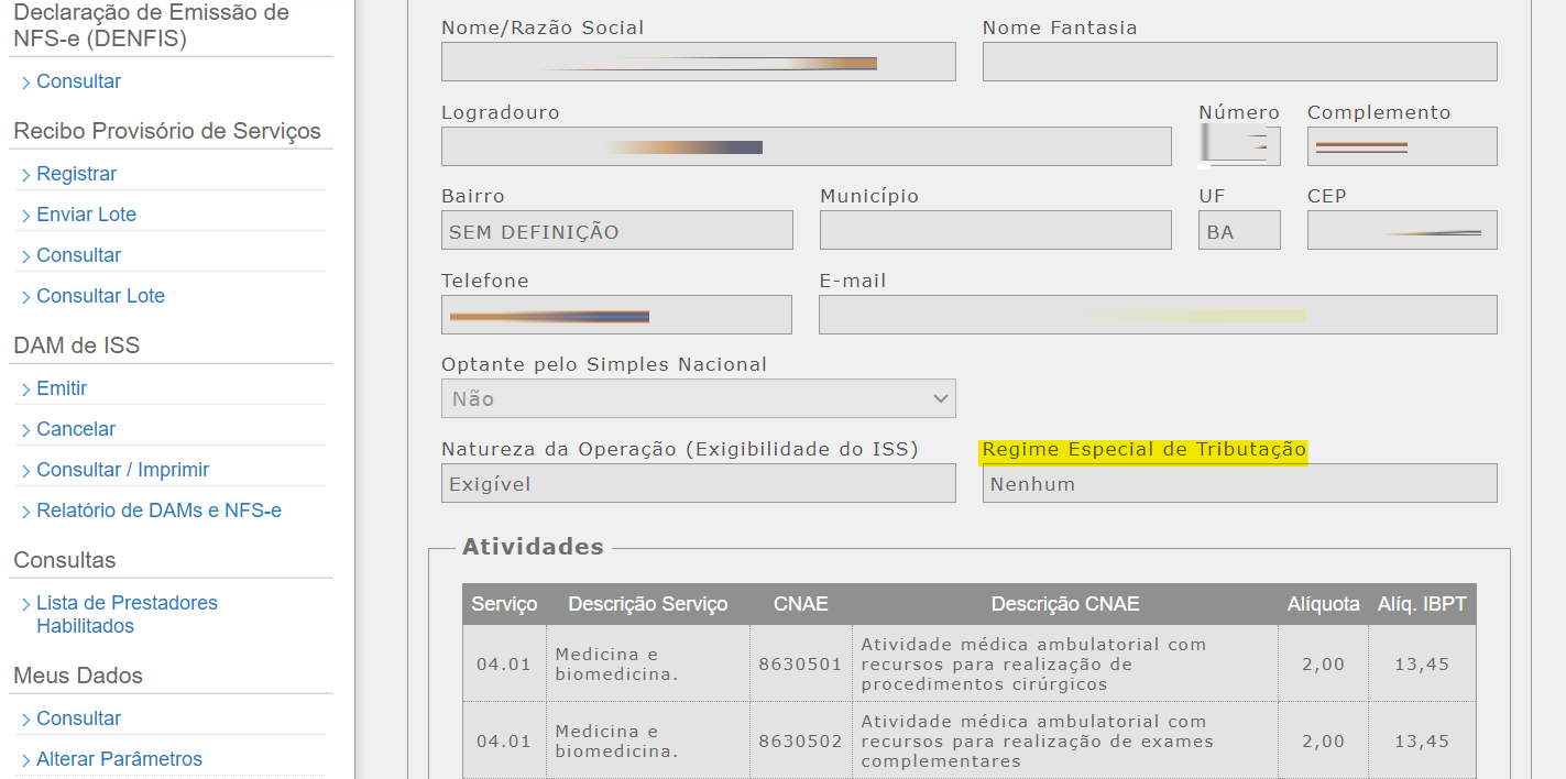 Tela para consulta do regime especial de tributação no padrão Saatri.
