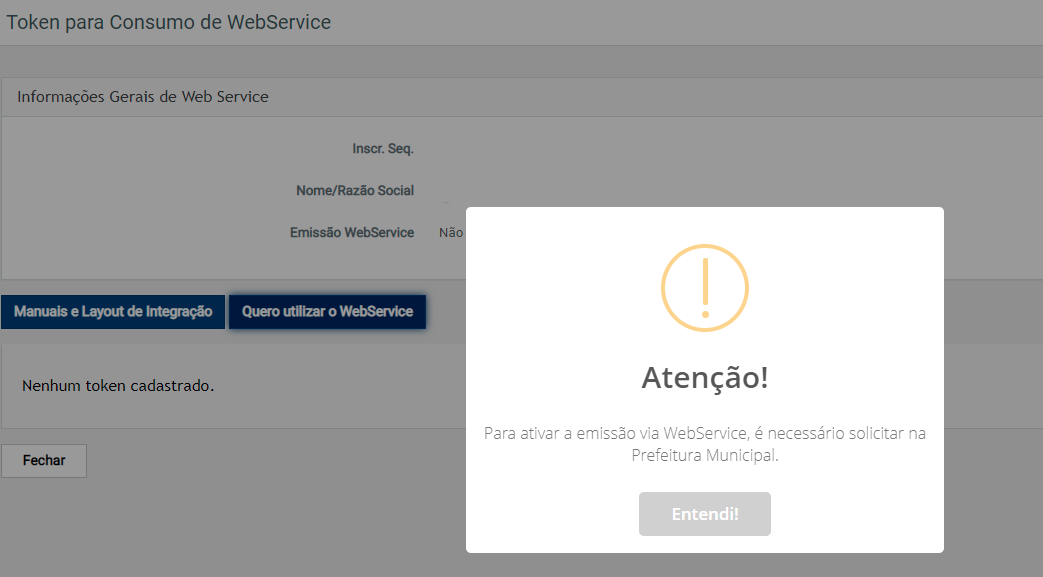 Tela com mensagem de bloqueio de emissão via WebService no padrão Siappa.