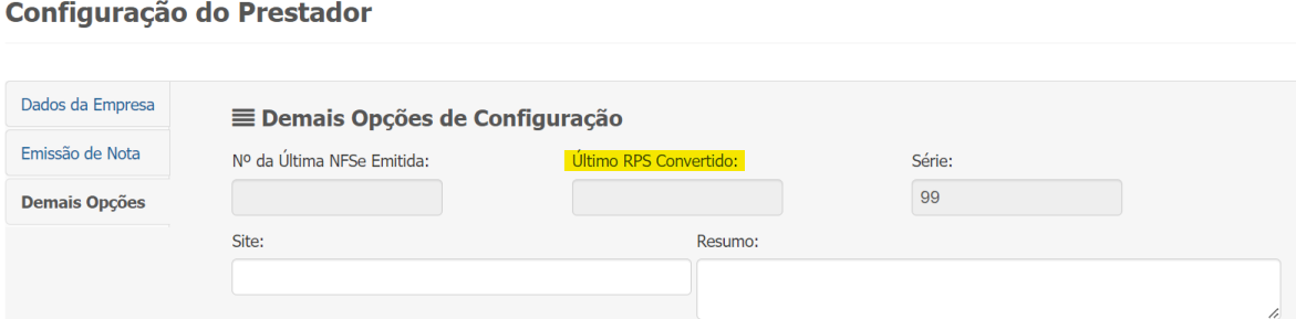Tela para consulta do Último RPS/DPS utilizado no padrão Siat.