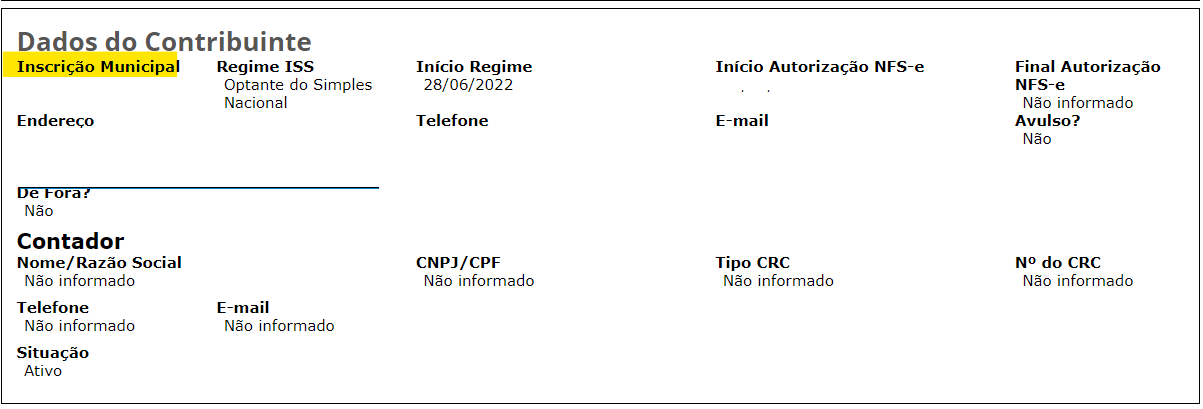 Tela para consulta da Inscrição Municipal no padrão WebISS 2.