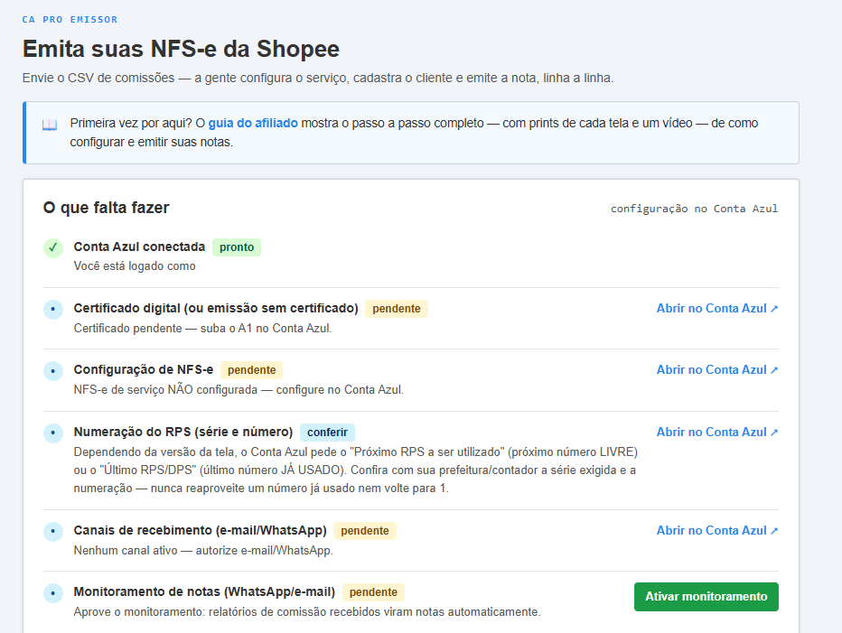 O que falta fazer do CA Pro Emissor (com os itens de configuração e os status prontopendente).png