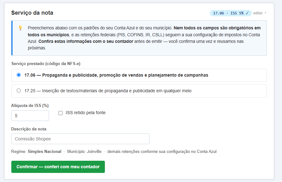 Serviço da nota do CA Pro Emissor (serviço prestado, alíquota de ISS e descrição preenchidos).png