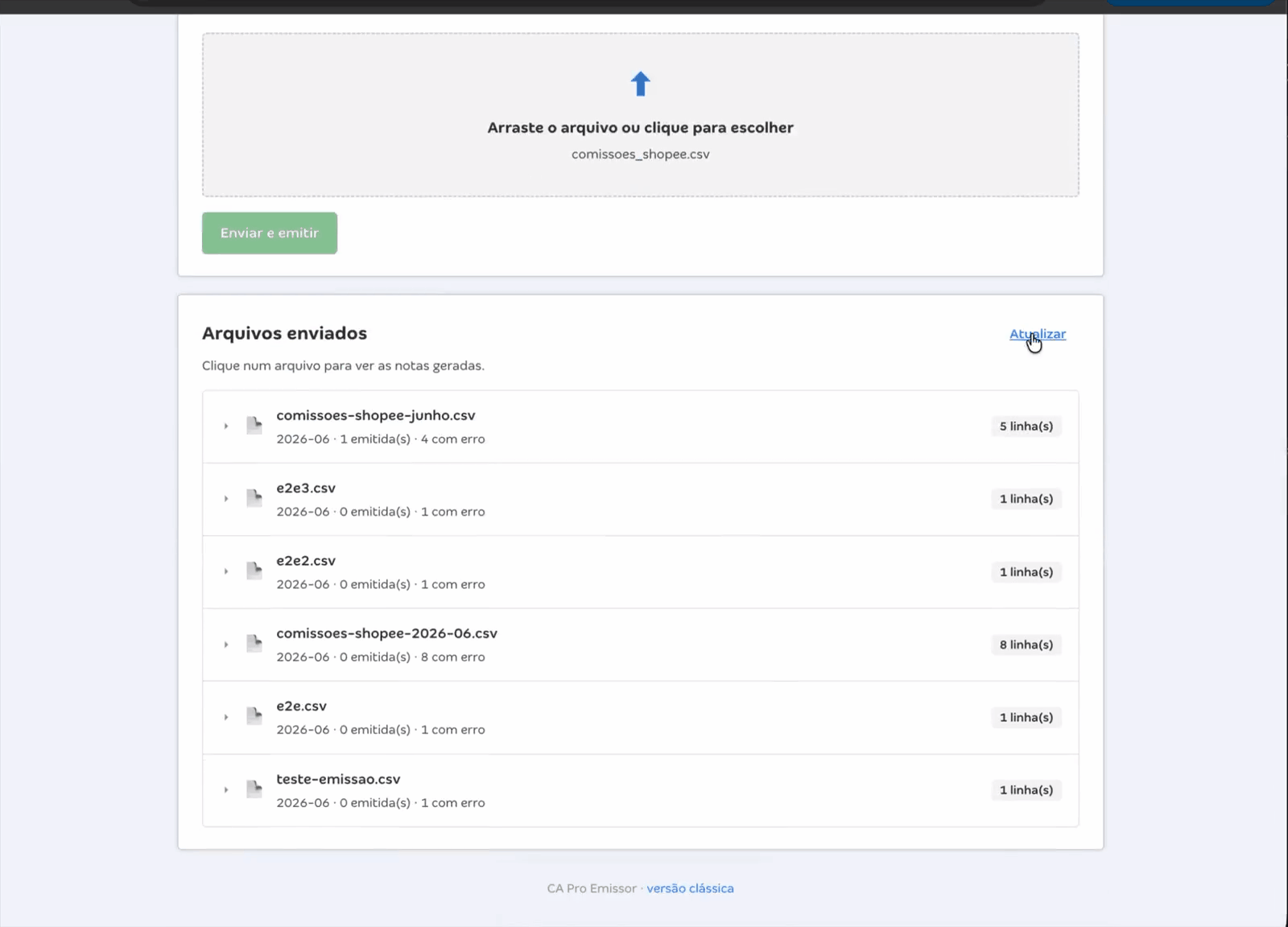 Arquivos enviados do CA Pro Emissor, mostrando cada linha do arquivo e o status da not.gif