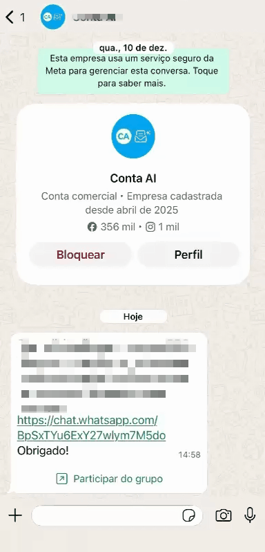 Você pode enviar manualmente este link aos convidados. Mas Importações também enviará uma mensagem automática de convite para ingresso ao grupo, diretamente no WhatsApp de cada convidado cadastrado em Importações..gif