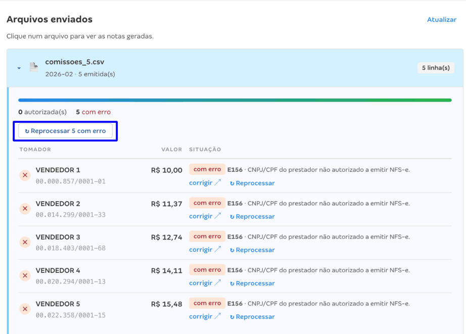 Painel Arquivos enviados com a lista de notas geradas e o status de cada linha