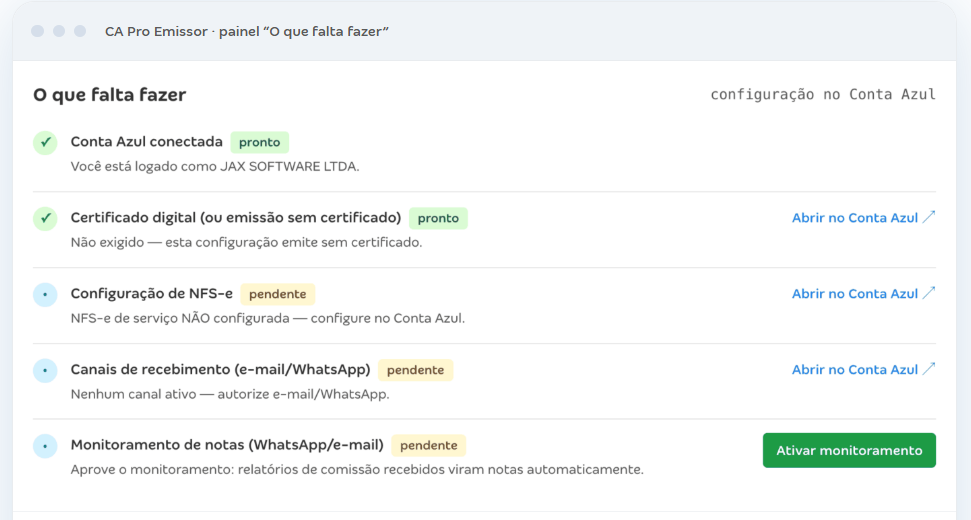 Painel O que falta fazer no CA Pro Emissor, com a lista de itens de configuração