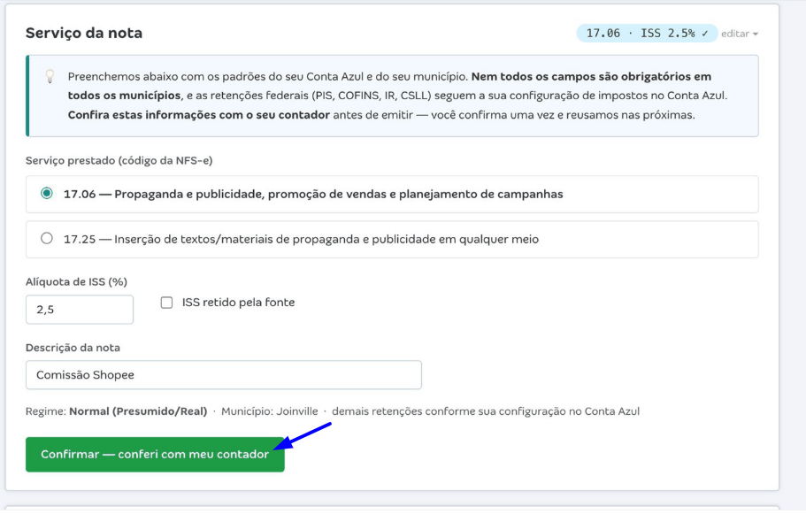 Card Serviço da nota com os campos Serviço prestado, Alíquota de ISS e Descrição da nota