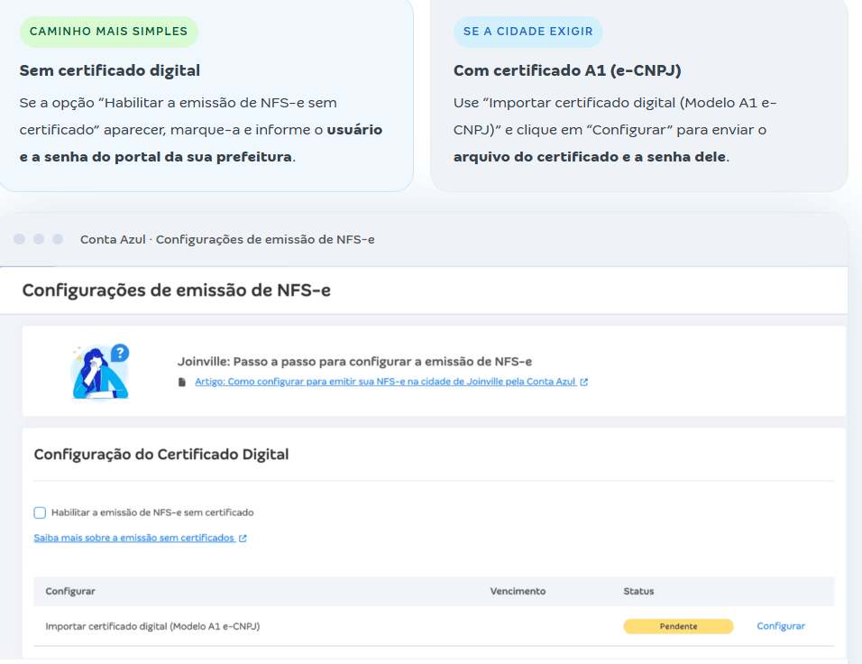 Tela de configuração de emissão de NFS-e com as opções de assinatura sem certificado e por certificado digital A1