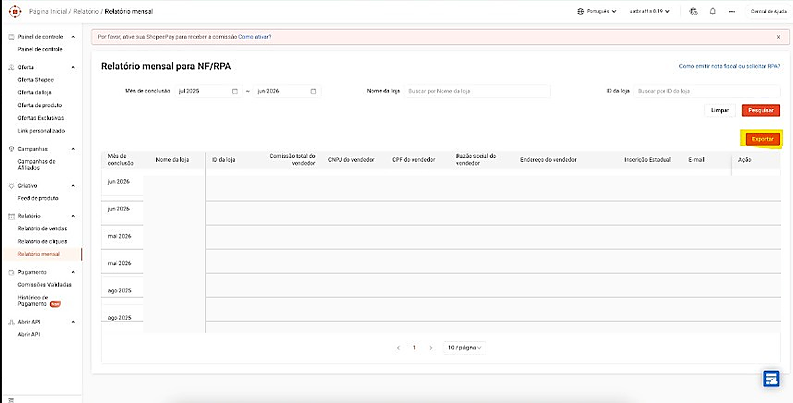 Tela Relatório mensal da Shopee com destaque no botão Exportar
