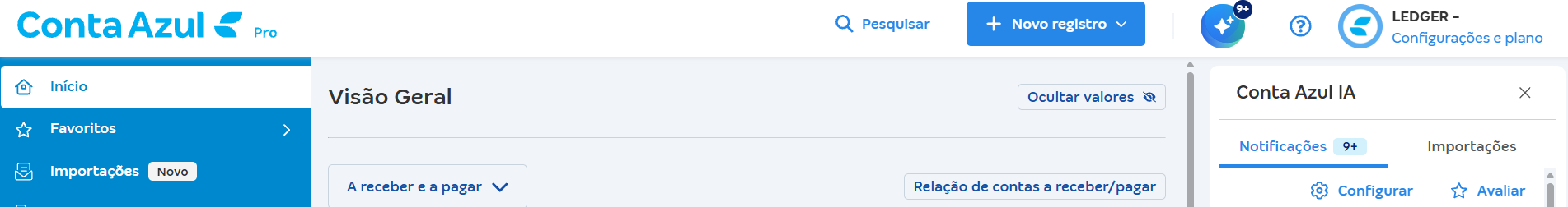 Ícone Conta Azul IA aberto no canto superior direito, com as abas Notificações e Importações