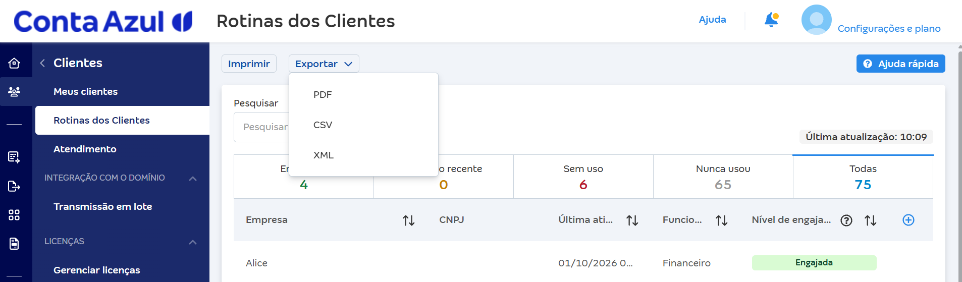Tela Histórico de Uso com destaque no botão Exportar e nos formatos PDF, CSV e XML.