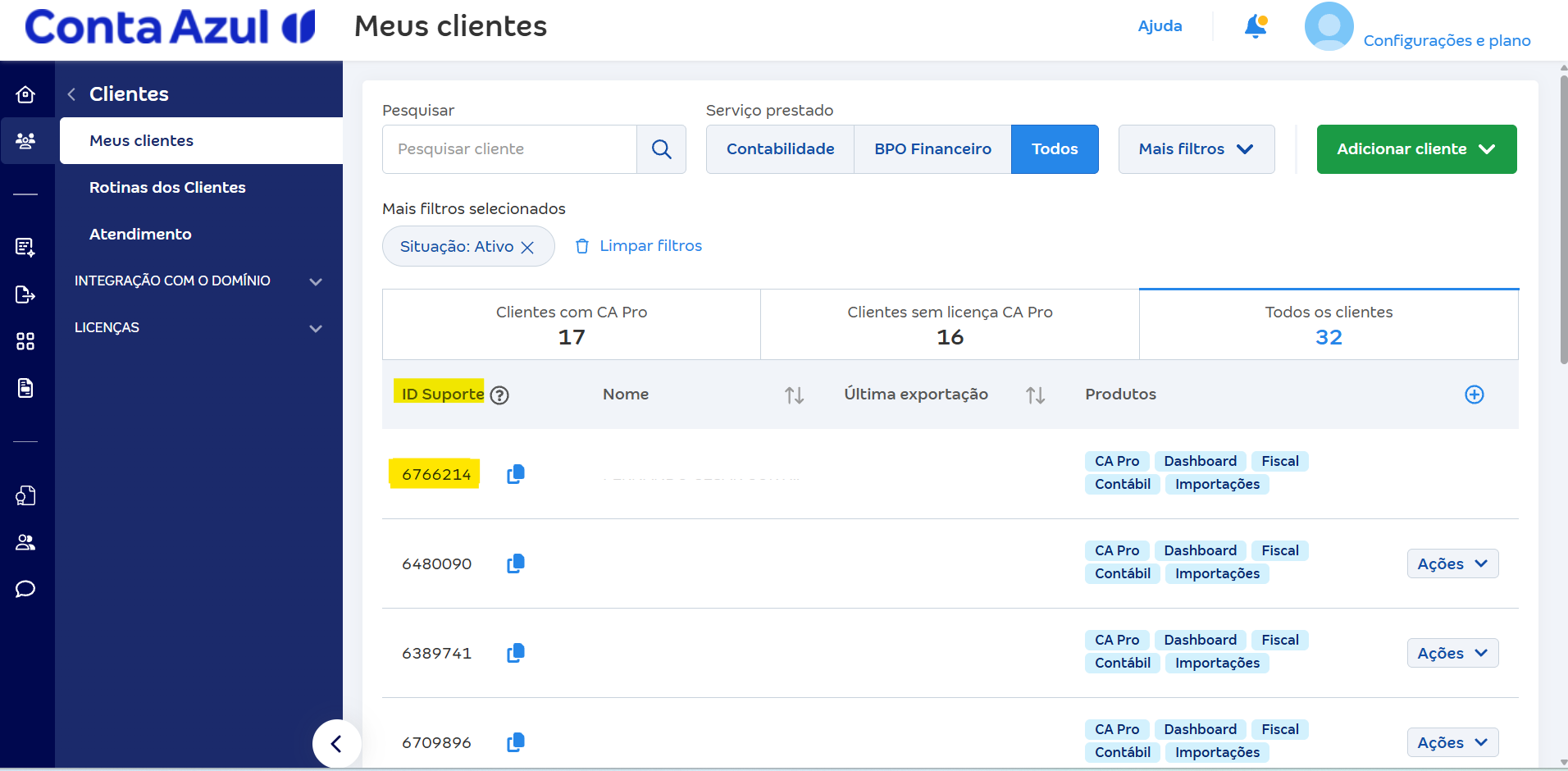 Tela Meus clientes da Conta Azul Mais com destaque na coluna ID Suporte.