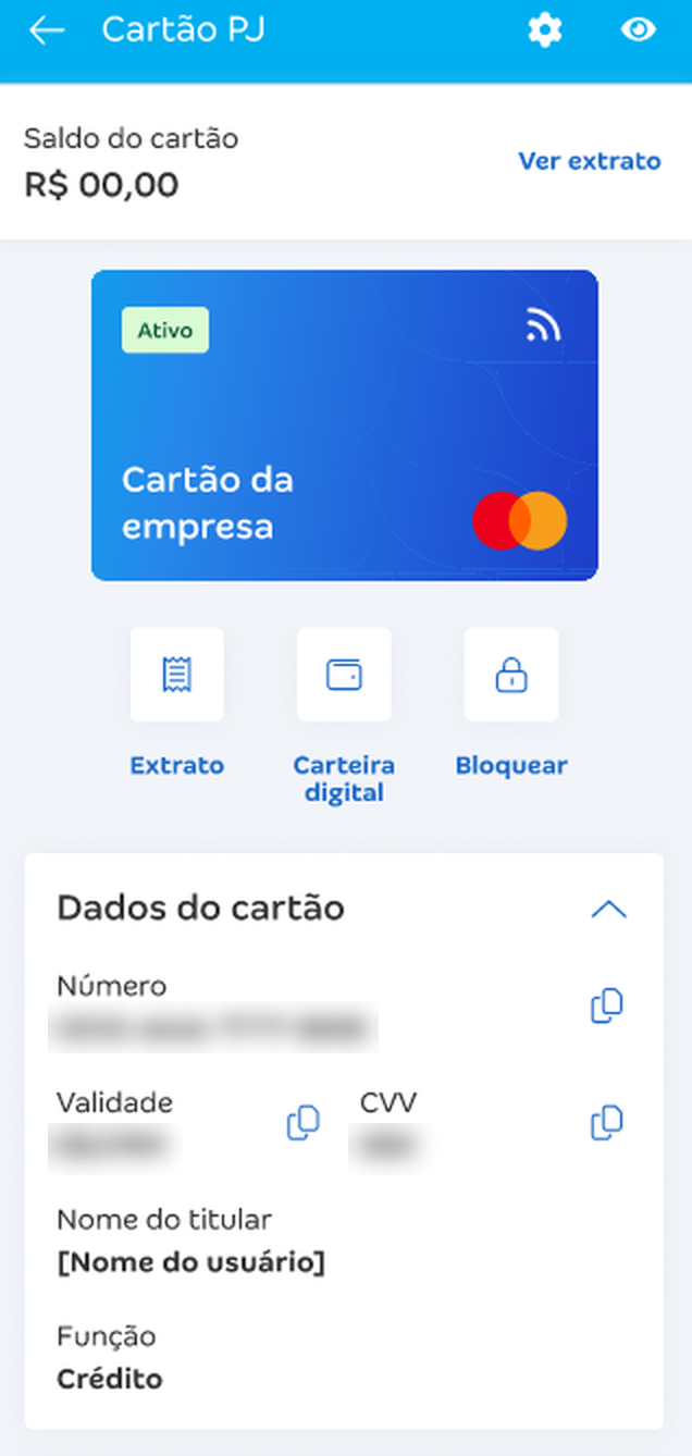 Tela Cartão PJ com os campos Número, Validade, CVV, Nome do titular e Função visíveis, com os dados do cartão desfocados